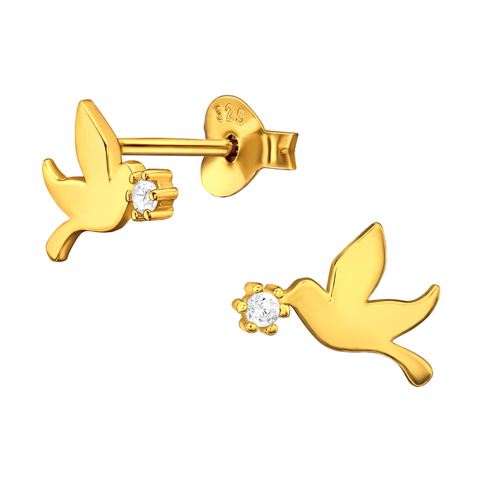 Joy|S - Zilveren vogel oorbellen - 6 x 10 mm - zirkonia - oorknoppen duif - goudplating
