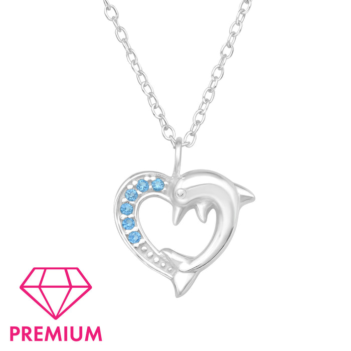 Joy|S - Zilveren hartje hanger - dolfijn - inclusief ketting 39 cm met extra oogje op 36 cm - aqua blauw zirkonia - voor kinderen