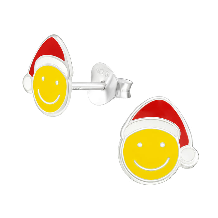 Joy|S - Zilveren kerst smiley oorbellen - 8 x 9 mm - emoticon met kerstmuts - kinderoorbellen