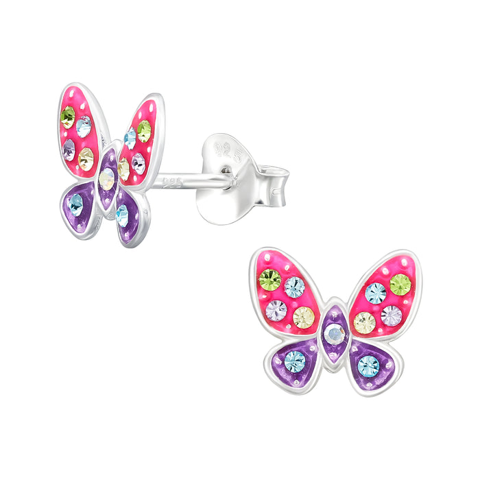 Joy|S - Zilveren vlinder oorbellen - 10 x 8 mm - roze paars met kristalletjes - kinderoorbellen