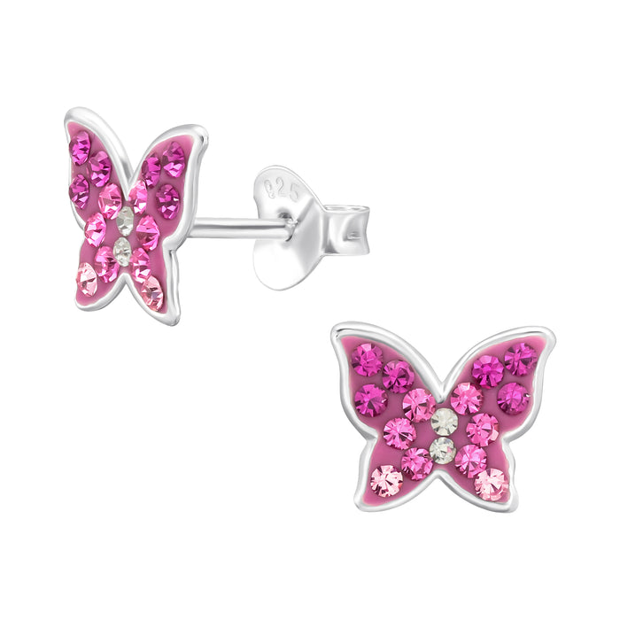 Joy|S - Zilveren vlinder oorbellen - 9 x 7 mm - roze tinten kristal - kinderoorbellen