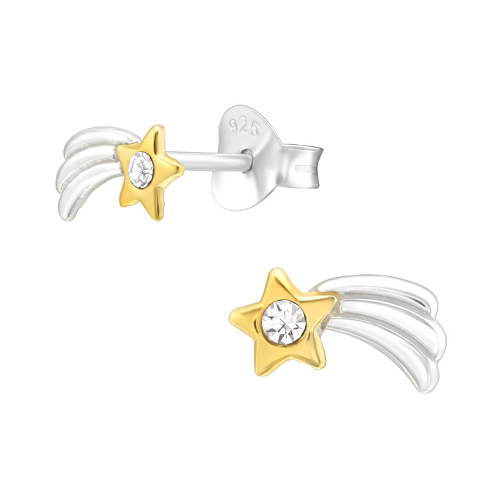 Joy|S - Zilveren vallende ster oorbellen - 4 x 8 mm - zilver - ster goudplating / goldplated - kristal - kinderoorbellen