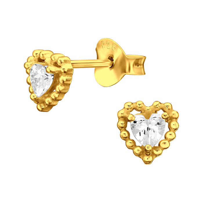 Joy|S - Zilveren hartje oorbellen - 6 mm - zirkonia - klassiek bolletjes randje - goudplating / goldplated - kinderoorbellen