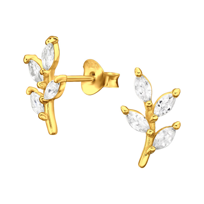 Joy|S - Zilveren takje met blaadjes oorbellen - blad van marquise / ovale zirkonia - 7 x 12.5 mm - goudplating