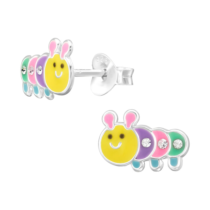 Joy|S - Zilveren rups oorbellen - 9 x 6.5 mm - multicolor met kristalletjes - kinderoorbellen