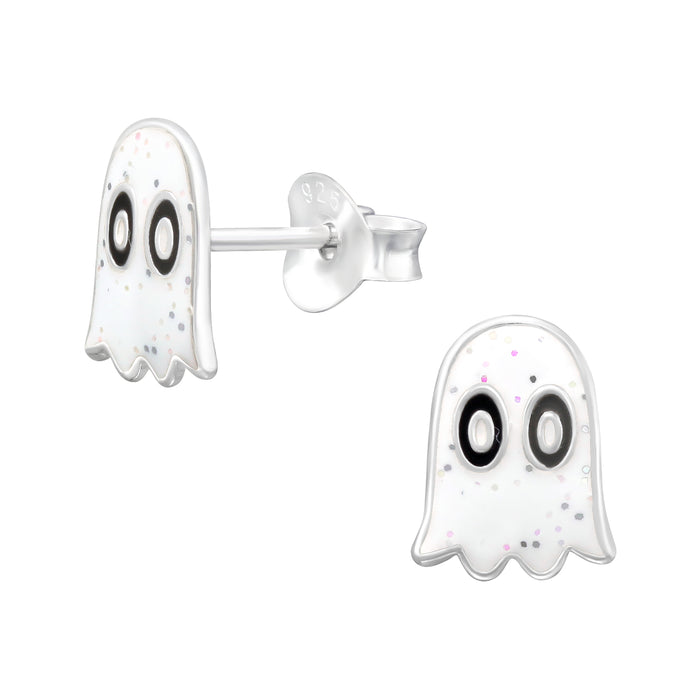 Joy|S - Zilveren spook oorbellen - halloween - wit met glittertjes - kinderoorbellen