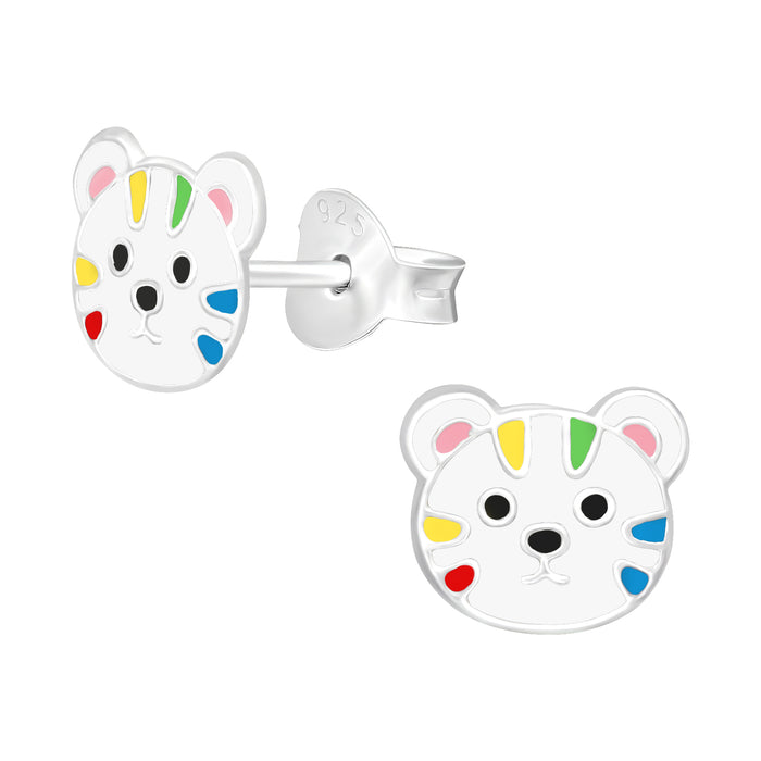 Joy|S - Zilveren tijger kat poes oorbellen - 9 x 7 mm - wit met kleurtjes - kinderoorbellen