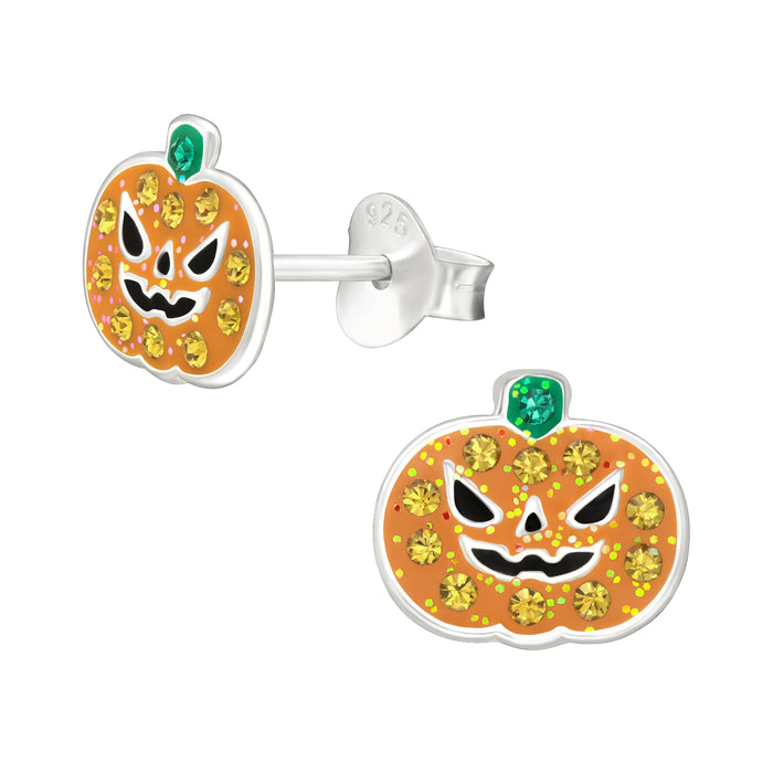 Joy|S - Zilveren pompoen oorbellen - 9 x 8 mm - halloween - oranje met glittertjes en kristalletjes - kinderoorbellen