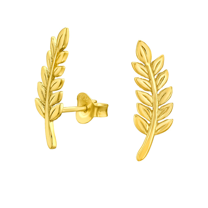 Joy|S - Zilveren blad oorbellen - 6 x 17 mm - blaadjes / takje oorknoppen - massief - goudplating / goldplated