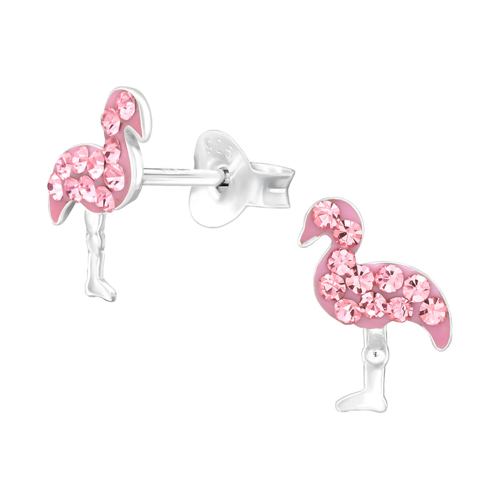 Joy|S - Zilveren vogel oorbellen - roze flamingo - kristal - 7.5 x 10 mm - kinderoorbellen