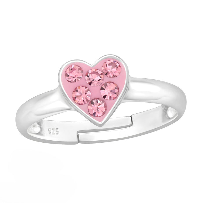 Joy|S - Zilveren hartje ring - verstelbaar- roze hartje - kristal - voor kinderen