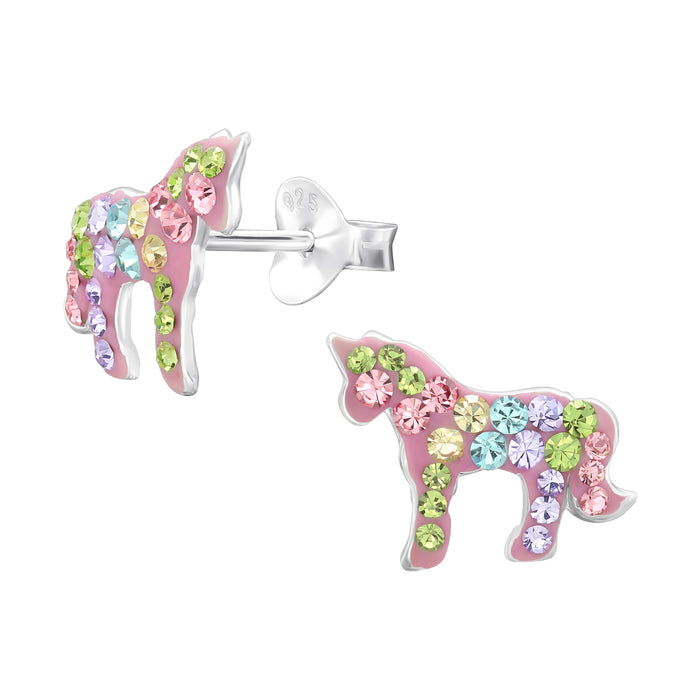 Joy|S - Zilveren paard oorbellen - 12 x 9.5 mm - roze met gekleurde kristalletjes - eenhoorn / unicorn kinderoorbellen