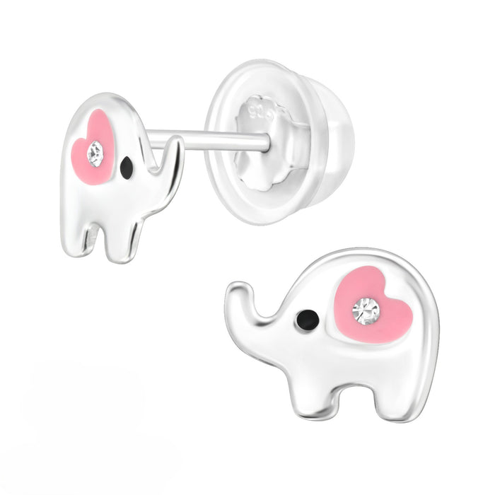 Joy|S - Zilveren olifant oorbellen - zilver met roze hartje - kristal - kinderoorbellen - extra zacht sluiting (vlindersluiting met siliconen omhulsel)
