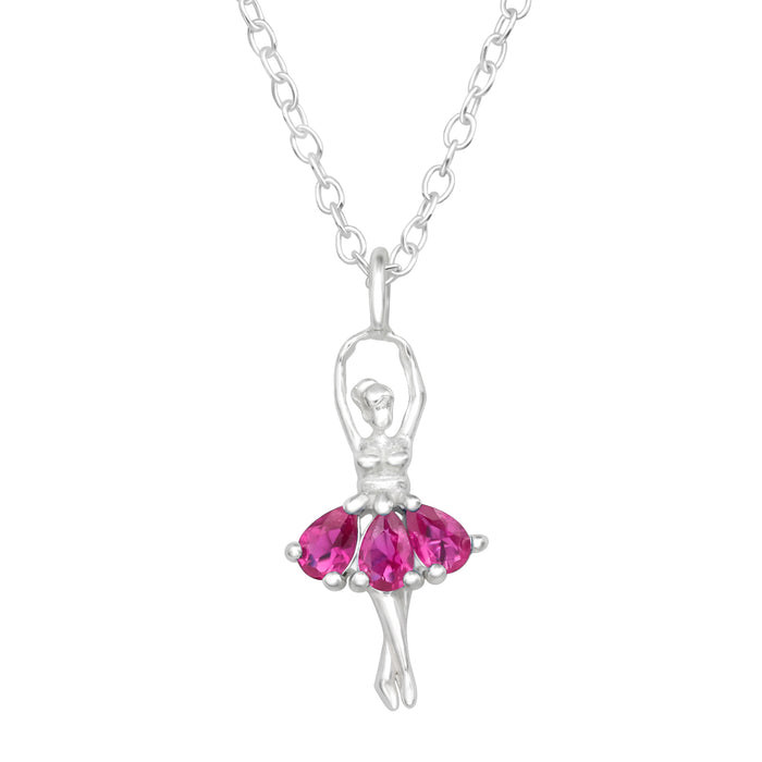 Joy|S - Zilveren ballerina danseres hanger met ketting 45 cm - robijn roze zirkonia in druppelvorm