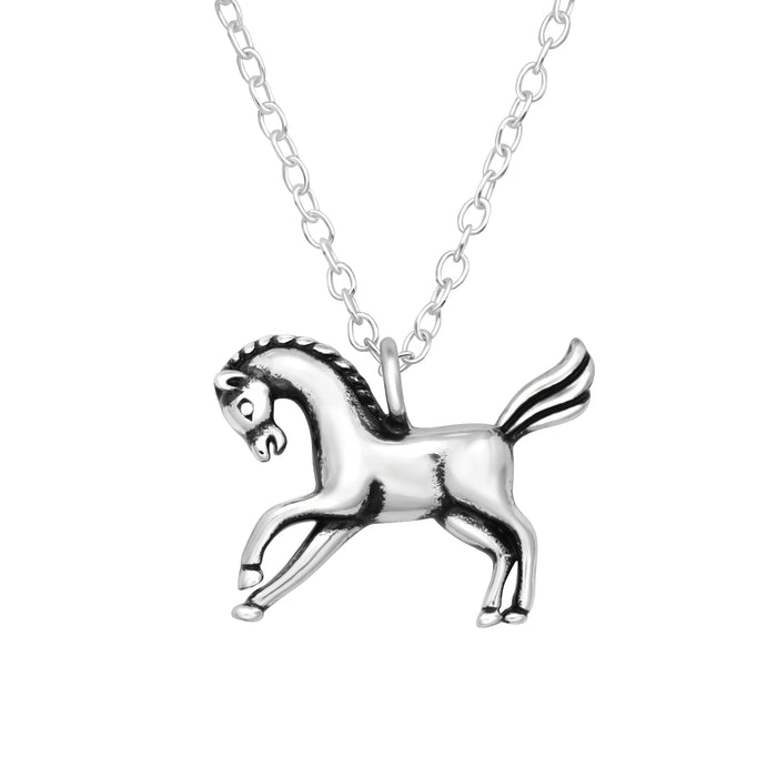 Joy|S - Zilveren paard hanger met ketting - geoxideerd