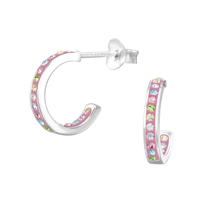 Joy|S - Zilveren oorringen stud - 12.3 mm / 2.2 mm - zilver roze met gekleurde kristalletjes - sterling zilver 925 oorbellen