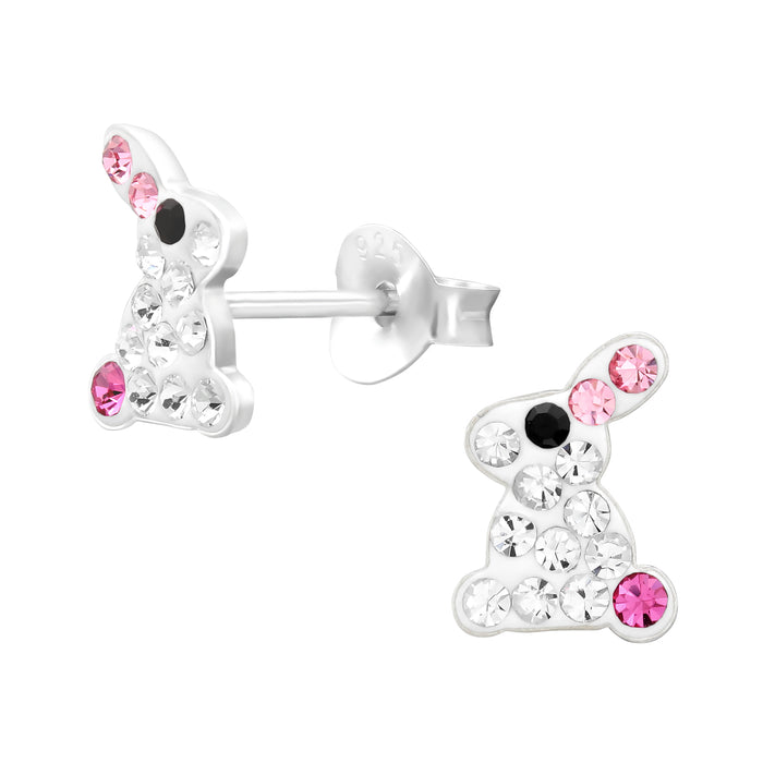 Joy|S - Zilveren konijn oorbellen - 6.3 x 8.6 mm - wit met roze - kristal - kinderoorbellen