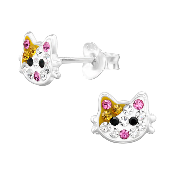 Joy|S - Zilveren kat poes oorbellen - 8 x 6.5 mm - kristal - kinderoorbellen