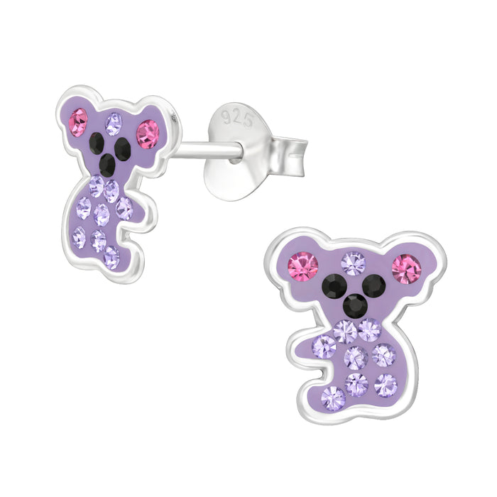 Joy|S - Zilveren koala oorbellen - 8 x 9 mm - paars met paarse kristalletjes - kinderoorbellen