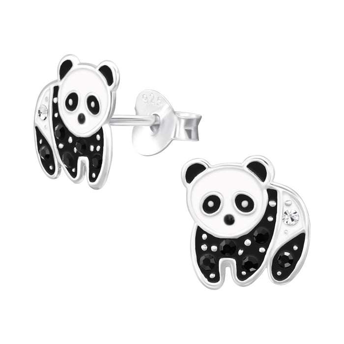 Joy|S - Zilveren panda oorbellen - 8.3 x 8.8 mm - zwart wit met kristal - kinderoorbellen