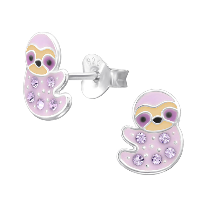 Joy|S - Zilveren luiaard oorbellen - 7 x 9 mm - lila paars met kristalletjes - kinderoorbellen