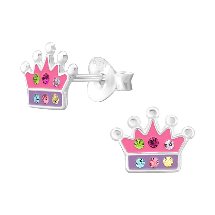 Joy|S - Zilveren prinsessen kroontje oorbellen - 8.6 x 6.8 mm - roze paars met kristalletjes - kinderoorbellen