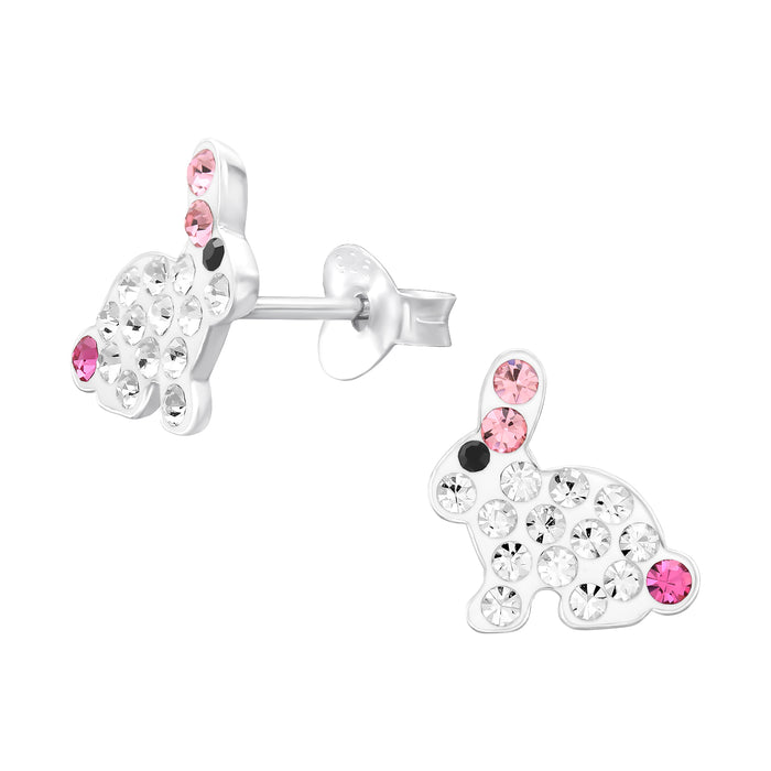 Joy|S - Zilveren konijn oorbellen - 9 x 9.6 mm - wit met roze - kristal - kinderoorbellen