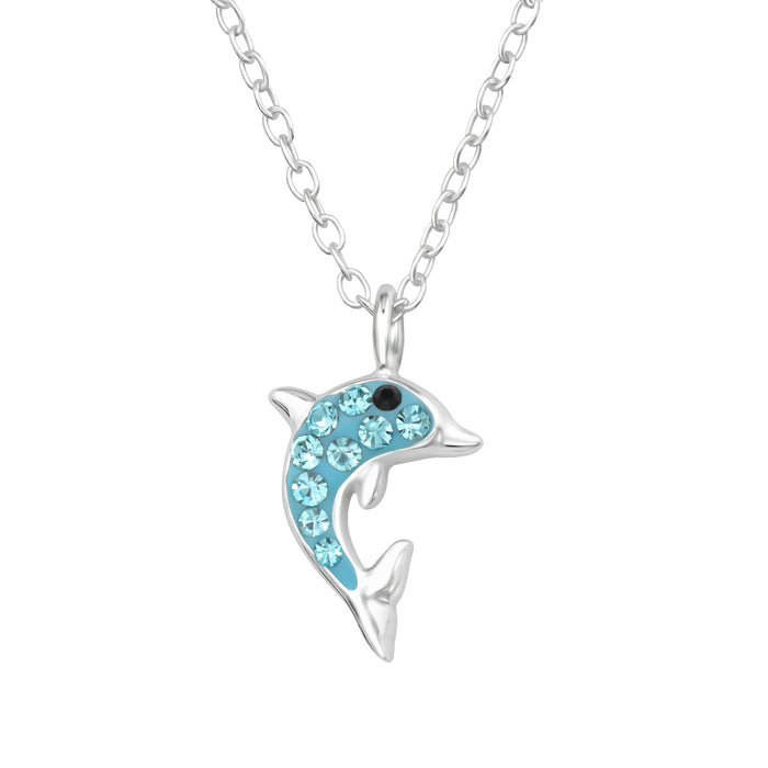 Joy|S - Zilveren dolfijn hanger met ketting - blauw kristal - voor kinderen