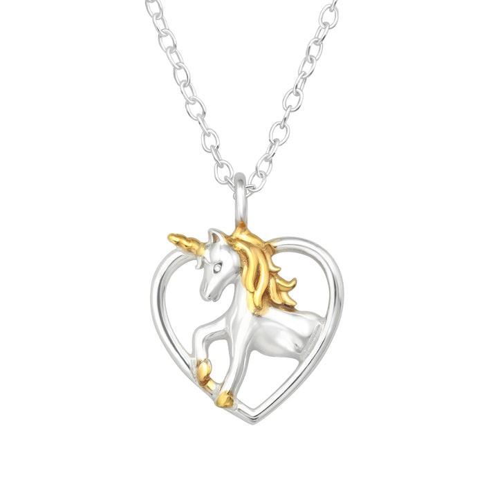 Joy|S - Zilveren hartje hanger inclusief ketting - eenhoorn / unicorn paardje - sterling zilver 925 met goudplating