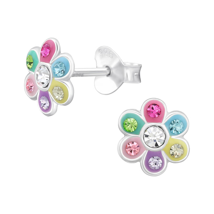Joy|S - Zilveren bloem oorbellen - 7.2 mm - multicolor met kristalletjes - kinderoorbellen
