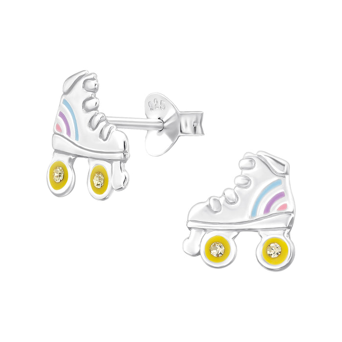 Joy|S - Zilveren rollerskates oorbellen - 8.7 x 9.1 mm - zilver met pastel regenboog - kristal - rolschaatsen oorknoppen