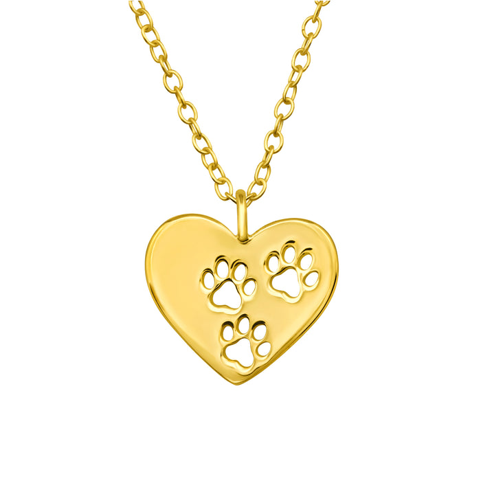Joy|S - Zilveren hartje hanger met dierenpootjes - inclusief ketting 45 cm - goudplating - kat hond poot afdruk - voor kinderen