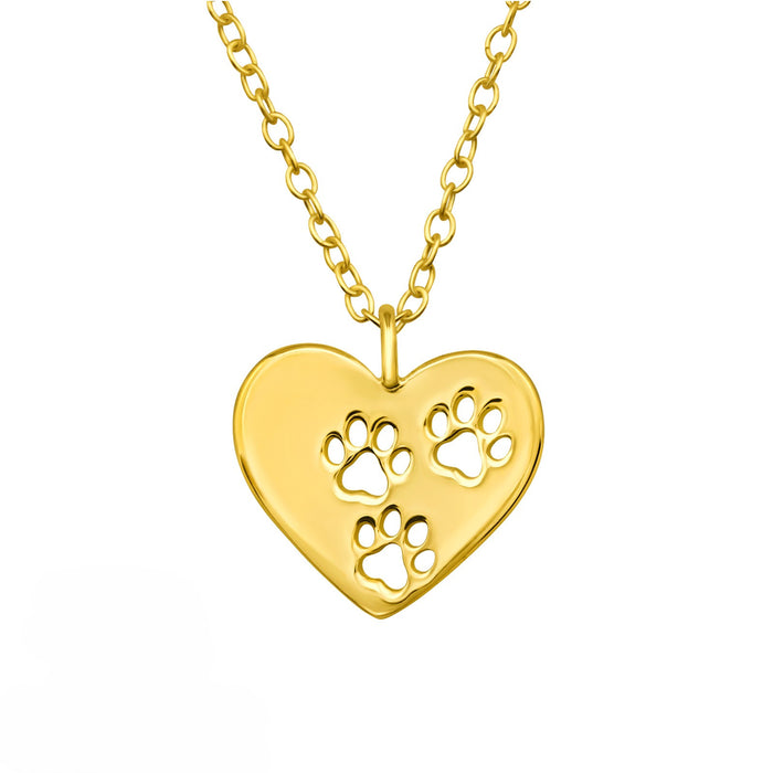 Joy|S - Zilveren hartje hanger met dierenpootjes - inclusief ketting 39 cm met extra oogje op 36 cm - gold plated - goudkleur - kat hond poot afdruk - voor kinderen