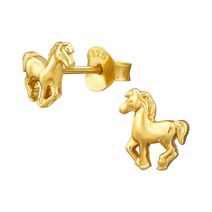 Joy|S - Zilveren paard oorbellen - 6 x 7 mm - pony / veulentje - oorknoppen - goldplated - kinderoorbellen