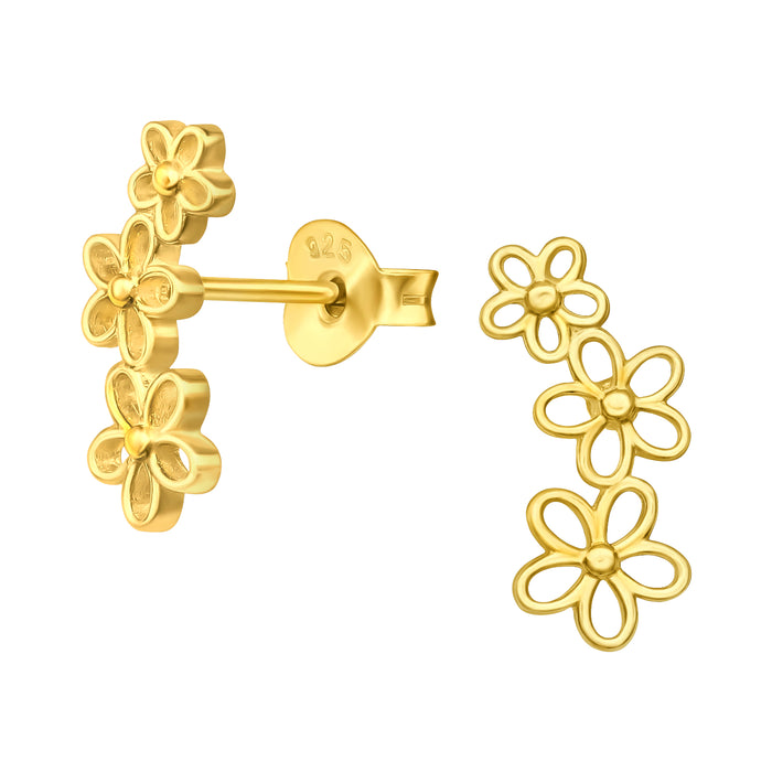 Joy|S - Zilveren bloem oorbellen - 3 bloemen oorknoppen - 6 x 13 mm - bloemetjes - goudplating