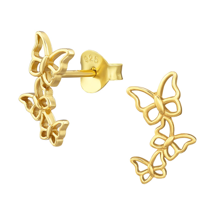 Joy|S - Zilveren vlinder oorbellen - 7 x 11 mm - 3 vlinders - oorknoppen - goudplating