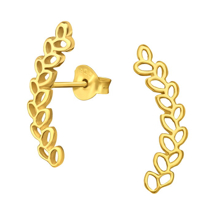 Joy|S - Zilveren takje oorbellen - olijftakje - 6 x 19 mm - oorknoppen met blaadjes - goudplating