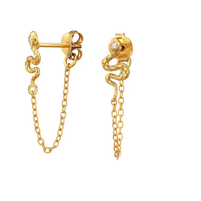 Joy|S - Zilveren slang oorbellen - met kettinkje - zirkonia - goudplating