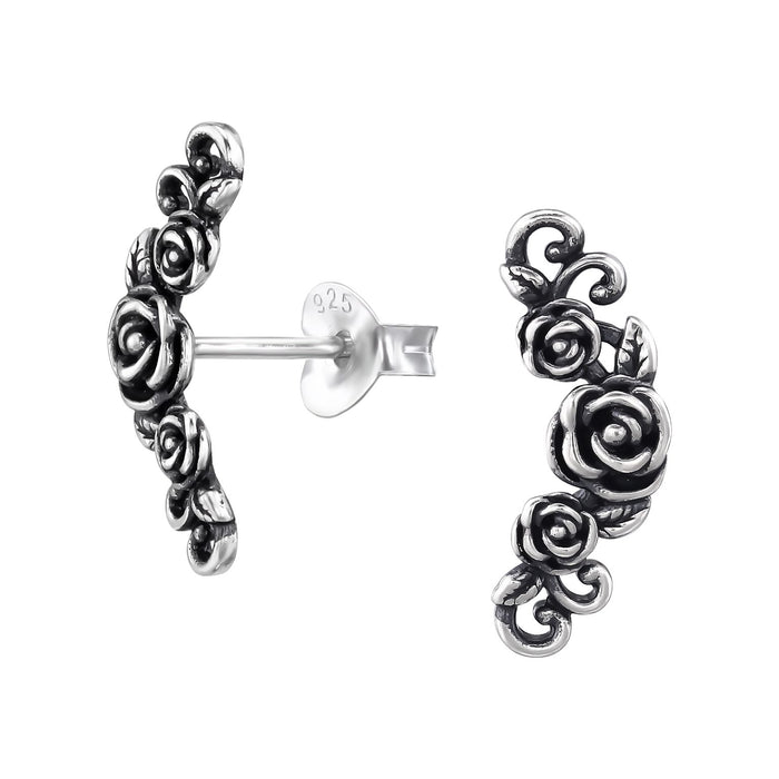 Joy|S - Zilveren Bali bloem roos oorbellen - 3 rozen sierlijk bewerkt met blaadjes - 15 x 6 mm - geoxideerd