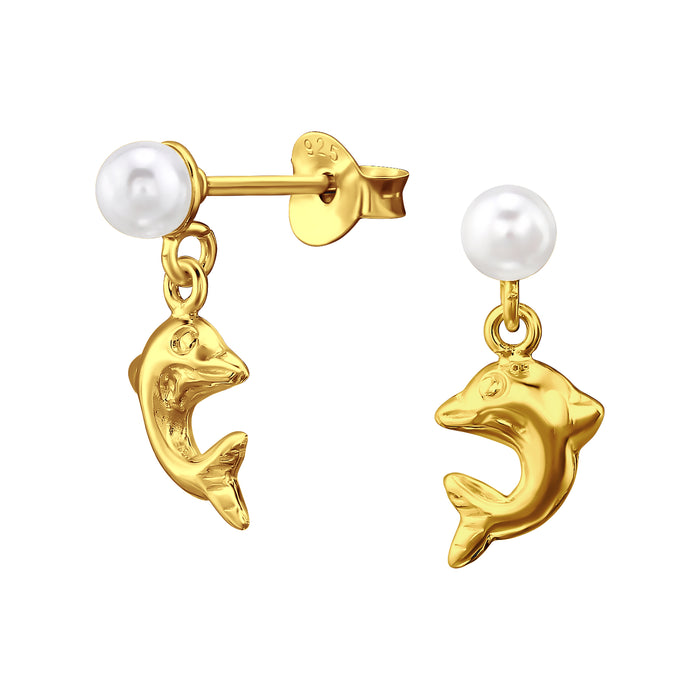 Joy|S - Zilveren dolfijn bedel oorbellen - parel oorknoppen met hanger - goudplating / goldplated