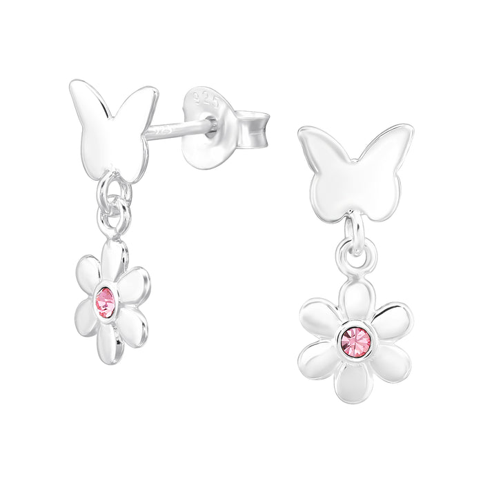 Joy|S - Zilveren vlinder met bloem bedel oorbellen - 6 x 15 mm - roze kristalletje - kinderoorbellen
