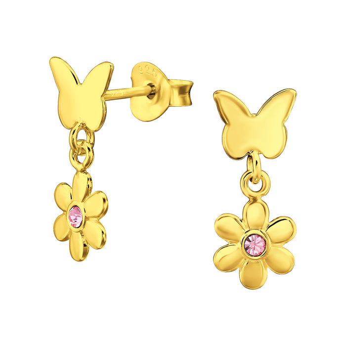 Joy|S - Zilveren vlinder met bloem bedel oorbellen - 6 x 15 mm - roze kristalletje - kinderoorbellen - goudplating / goldplated