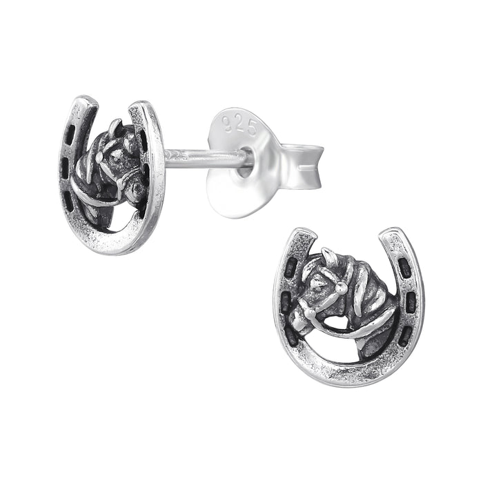 Joy|S - Zilveren paard met hoefijzer oorbellen - 6 x 6.5 mm - geoxideerd - t74 - kinderoorbellen