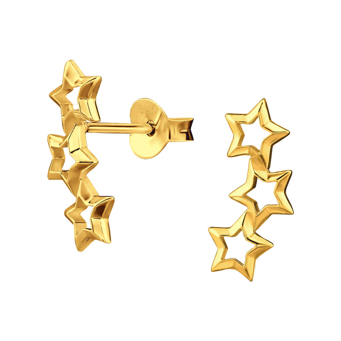 Joy|S - Zilveren ster oorbellen - 3 sterren - 5.3 x 13.9 mm - oorknoppen - goudplating