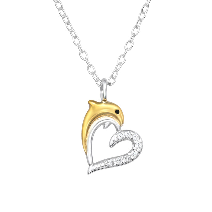Joy|S - Zilveren hartje met dolfijn hanger inclusief ketting - zilver met - goudplating dolfijntje - 45 cm - zirkonia