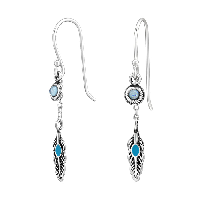 Joy|S - Zilveren veer bedel oorbellen - oorhangers - blauw opal - turquoise - geoxideerd