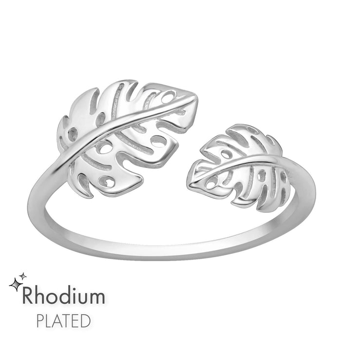 Joy|S - Zilveren blad ring verstelbaar - monstera - (maat 7: zie omschrijving) - aanschuifring - rhodium / gehodineerd