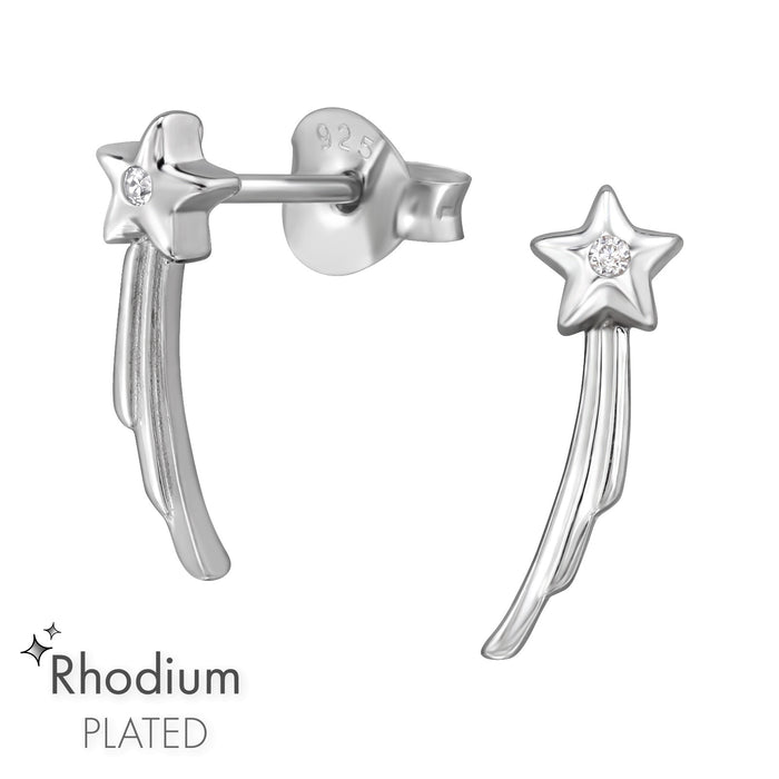Joy|S - Zilveren ster oorbellen - 4 x 13 mm - vallende ster oorknoppen - gehodineerd / rhodium