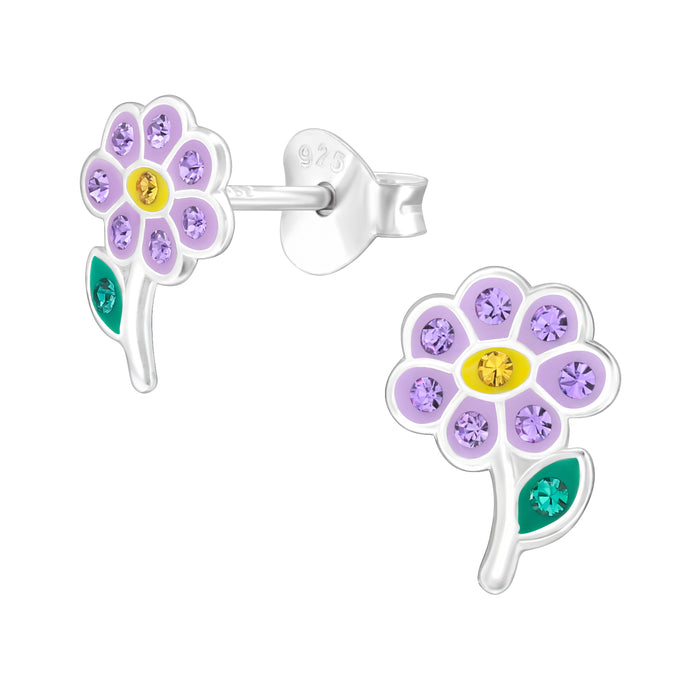 Joy|S - Zilveren bloem oorbellen - 6.9 x 9.1 mm - paars geel zilver met kristalletjes - bloemetje oorknoppen - kinderoorbellen