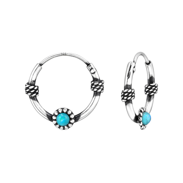 Joy|S - Zilveren Bali oorringen - 12 mm - geoxideerd - blauw synt opaal - sterling zilver 925